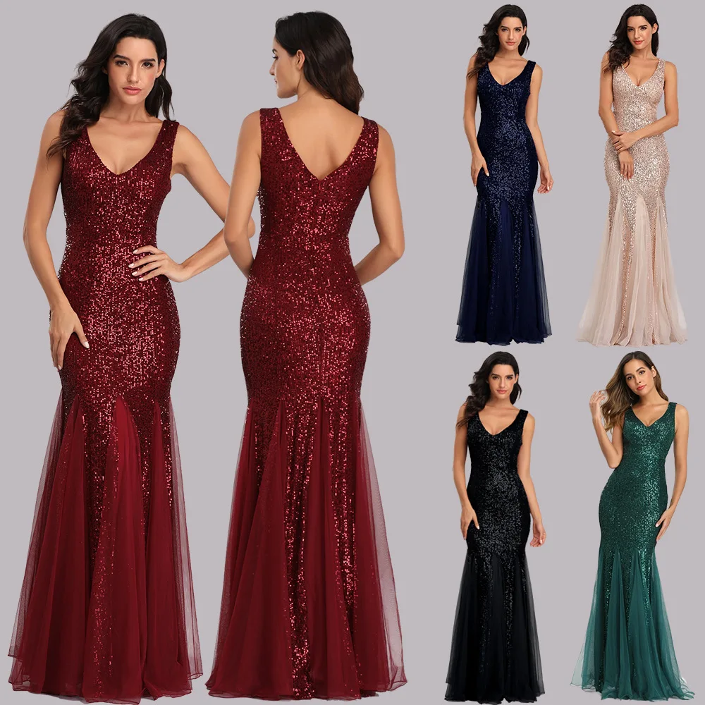 

V-Neck Sequins Lace Mermaid Evening Dress Elegant Floor Length Women Party Dress Wholesale Gala Dress