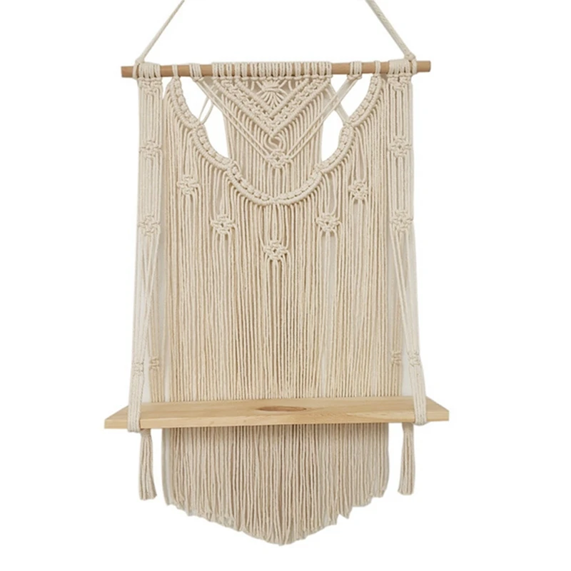 

New Handmade Tassel Macrame Wall Hanging Shelf Boho Cotton Rope Woven Tapestry Plant Hanger Wood Floating Shelf Decoration