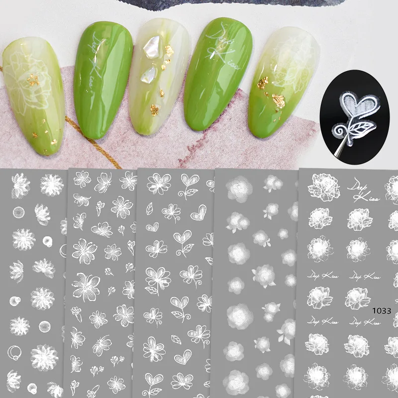 

3Sheets 2022New Nail Art Stickers Gradient White Flowers With Adhesive Nail Decals DIY Manicure Decorations Accessories Supplies