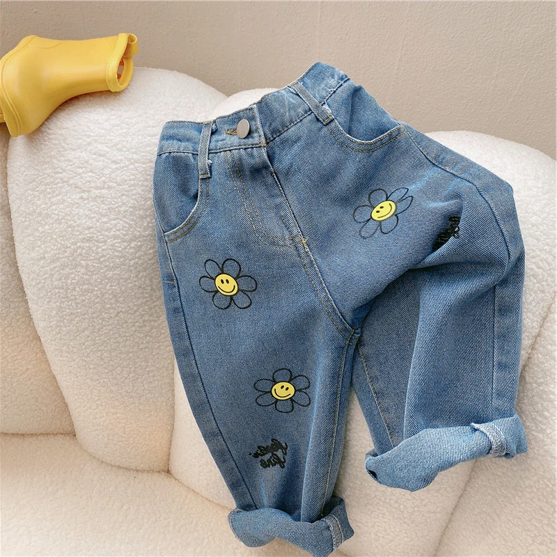 

RiniKinda Baby Girl Jeans Pant Soft Infant Toddler Child Denim Mid Waist Printed Bottom Pants Casual Loose Wide Leg Trousers