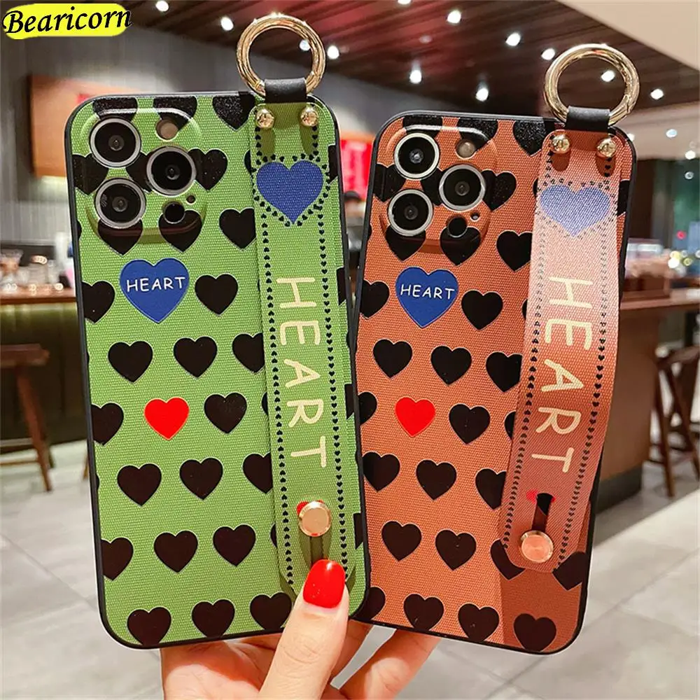 

INS Grid Lattice Bear Case For Xiaomi Mi 11i 11x 9 9T CC9 A3 Lite Poco F3 M2 X2 X3 Pro Phone Holder Wrist Strap Hearts Cover