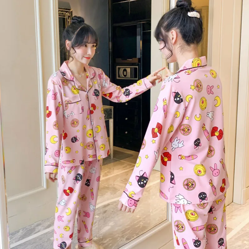 Spring Print Womens Home Wear Pink Long Sleeve Pocket Sweet Pajamas Sets Female Sleepwear Autumn Casual Ladies Home Clothes