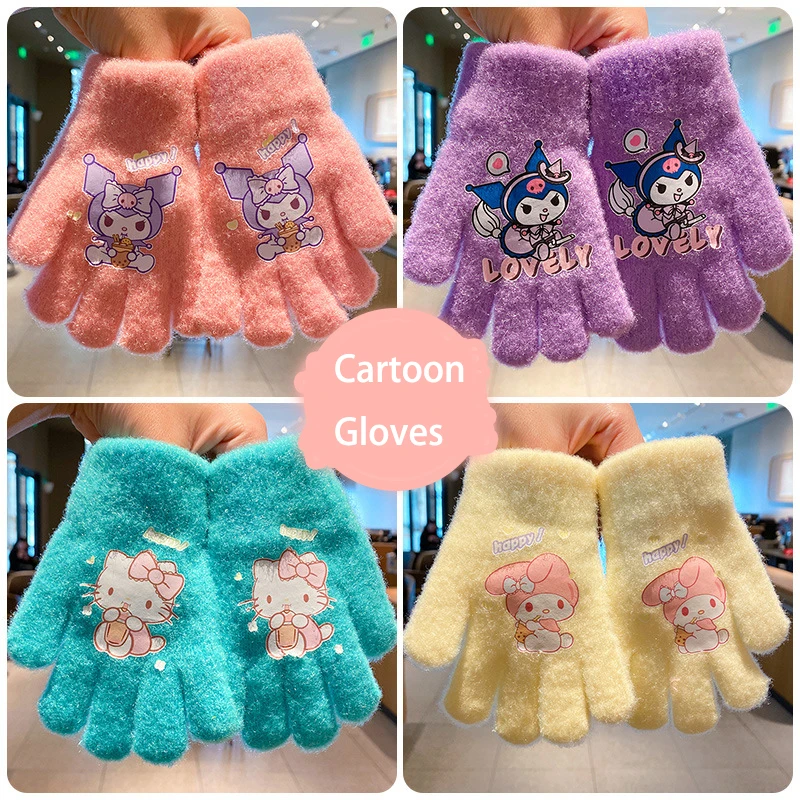 

Kawaii Sanrio Hellokitty Kuromi Mymelody Pochacco Plush Gloves Split Finger Gloves Cold-Proof Cute Girl Birthday Gift For Kids