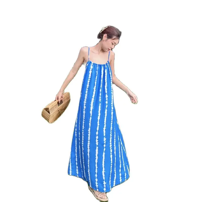 

Summer Women Beach Dress Sleeveless Backless Sexy Lady High End Girls Hot Sell Loose Contrast Color Blue Dresses