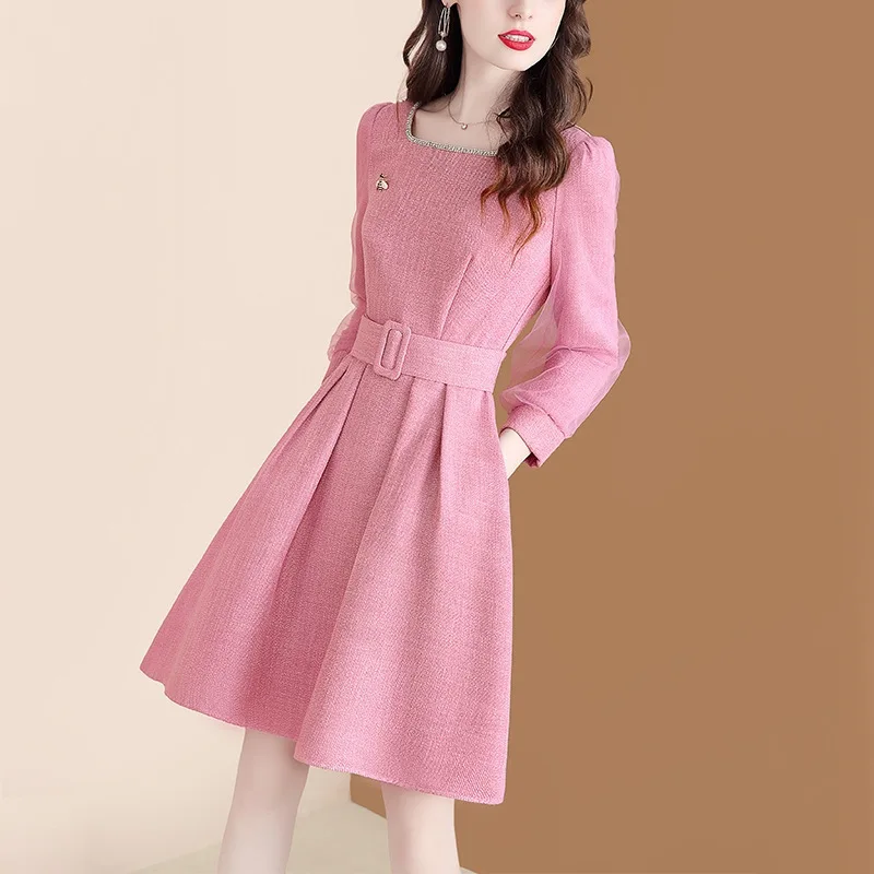 

Женское твидовое платье Xiaoxiang, приталенное платье с длинными рукавами и квадратным вырезом, в европейском стиле, 2023