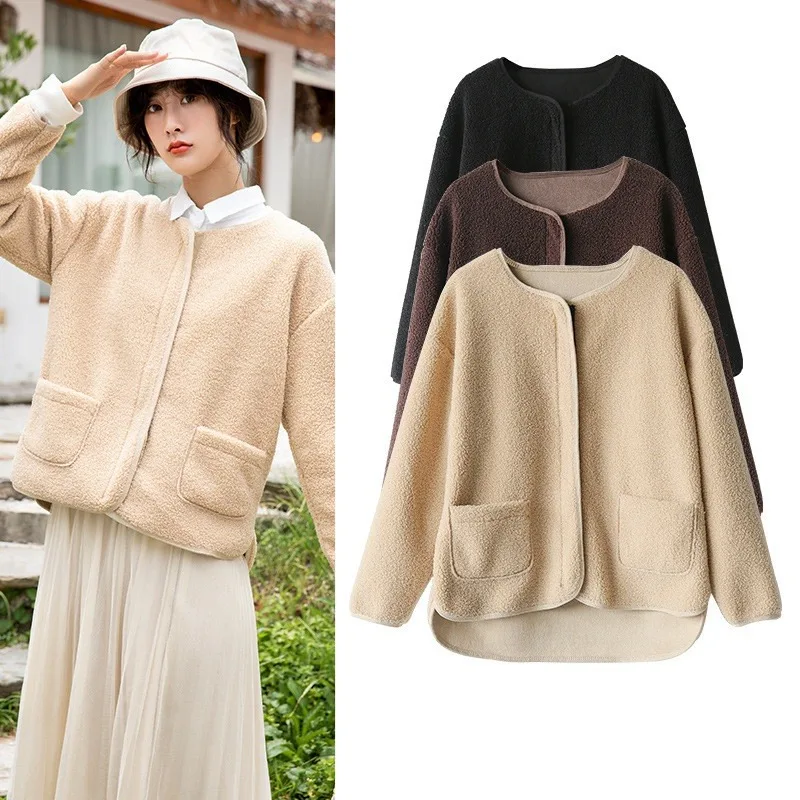 Женское шерстяное пальто свободное теплое короткое однотонный кардиган с