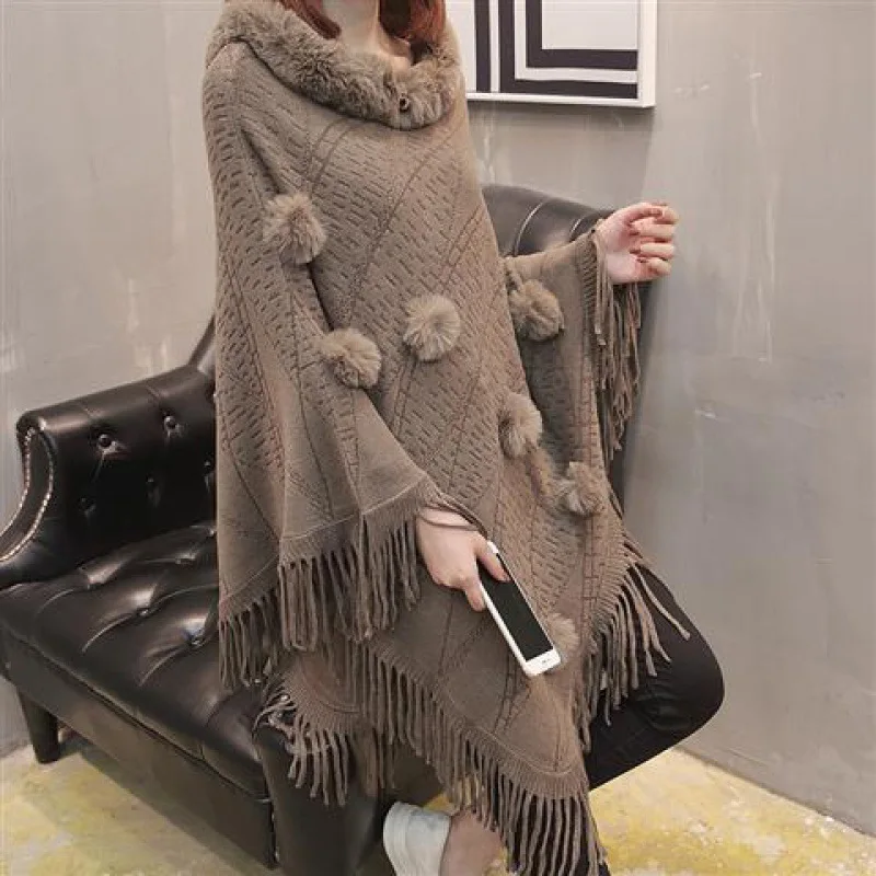 Autumn Winter Imitation Rabbit Fur Ball Women's Coat Imitation Wool Collar Pullover Shawl Warmth Poncho Capes Khaki Cloaks