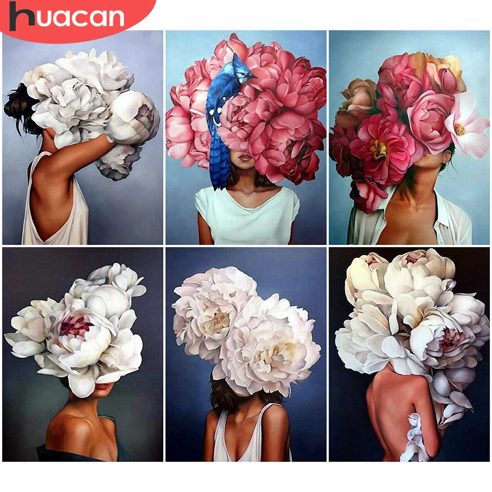 

Алмазная 5D картина HUACAN, вышивка с портретом девушки Стразы, мозаика с цветами, женское украшение для дома