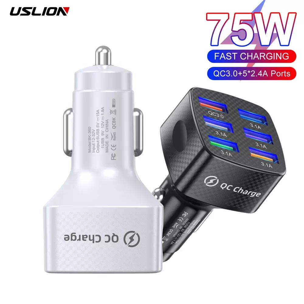 

USLION 75W Car Charger Quick Charge 3.0 6 Ports USB Charger For iPhone 13 12 Pro Portable Mobile Phone Charger