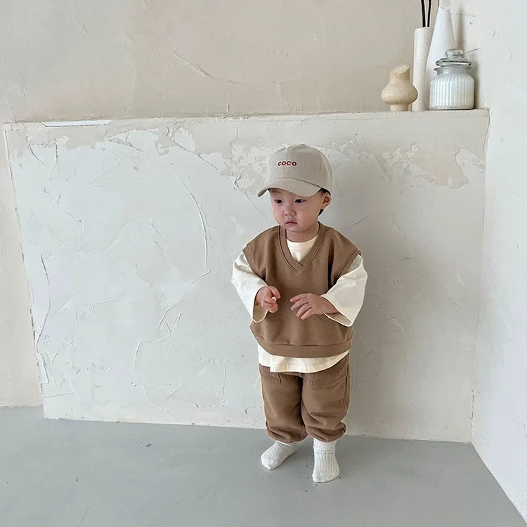 

Boys' Vest Sweater Suit Autumn Girls Kniited Sleeveless Sweater Children's V-neck Pocket Casual Pants Two-Piece Suit