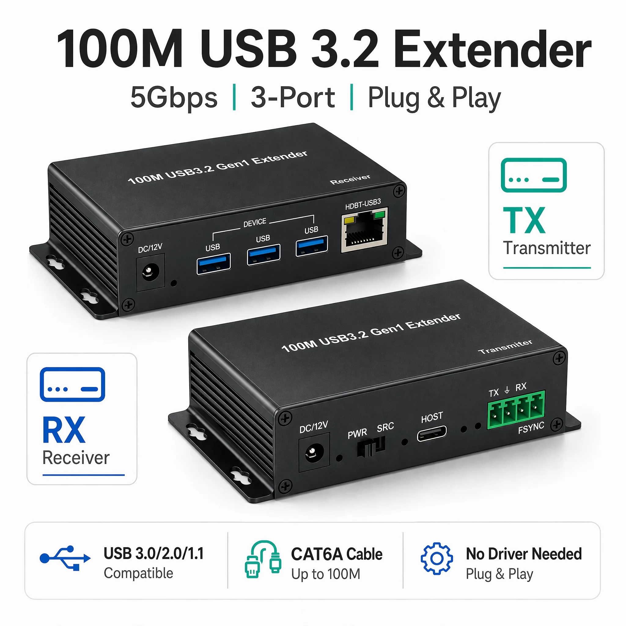 Фото Удлинитель USB 3.0 по Cat6a/Cat7 Ethernet, 3 порта, 100 м, 5 Гбит/с, высокоскоростной, USB 3.2, 330 футов, с FSYNC и последовательным портом RS232 №1