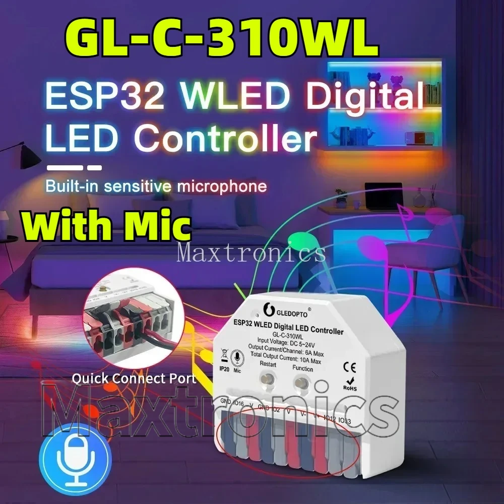 Фото Контроллер светодиодов GL-RC-002WL ESP32 Mini WLED 309WL/GL-C-310WL с динамическими музыкальными режимами для светодиодных лент WS2813, WS2815, WS2811, WS2812, SK6812 №3