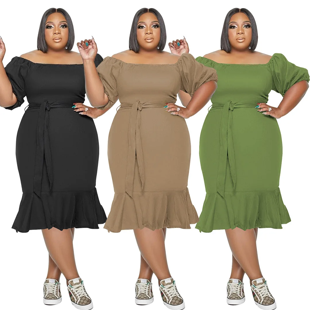 

Summer Puff Sleeve Lace Up Women's Plus Size Dress Casual Fishtail Long Skirt Fashion One Shoulder Dresses High Quality 2022new