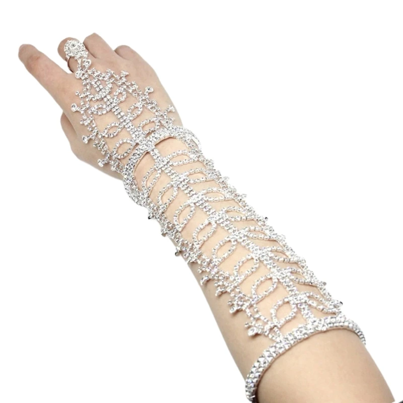 

Wedding Bride Leaves Fringe Jewelry Women Rhinestone Tassels Arm Cuff Armlet Bracelet and Ring Hand Chain Bangle Belly