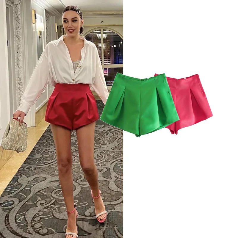

Chic Fashion Women Front Pleated Bermuda Shorts Vintage High Waist Mini Shorts with Back Zipper Summer Female Short Pants
