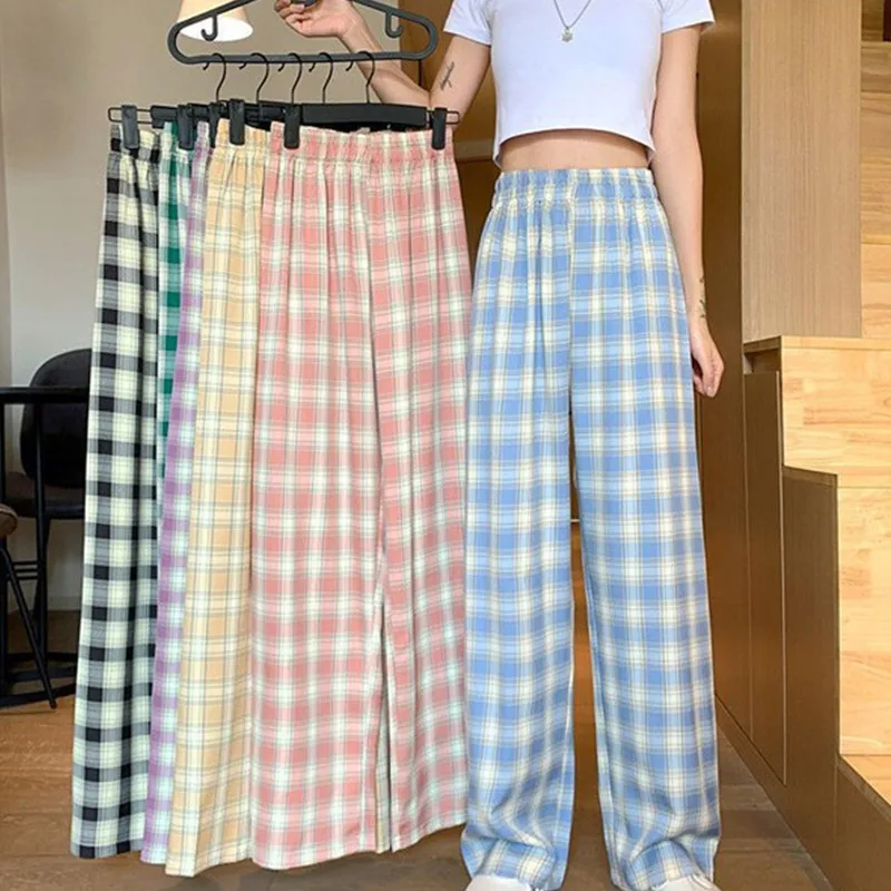 

7Colors Plaid Wide Leg Elastic Waist Pants One Size Casual Retro Loose Women Summer Daily Travel Shopping Ankle Trousers