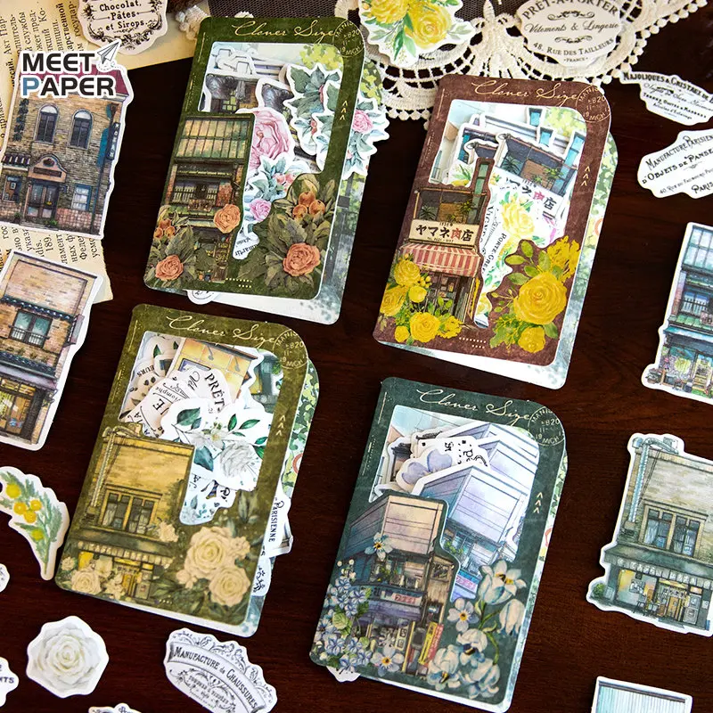 

45pcs Flower Shop Street Corner Vintage Stickers for Decoration Aesthetic Washi Scrapbooking Supplies Journal Planner Stationery