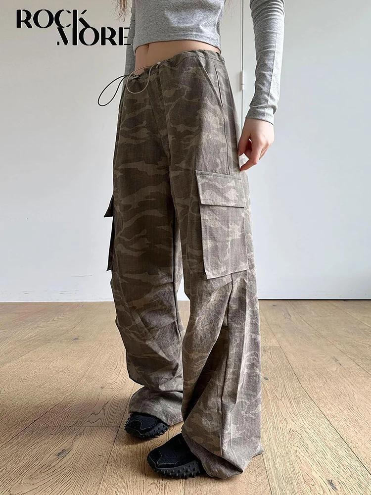 

Rockmore Camouflage Drawstring Cargo Parachute Pants Low Waist Y2K Harajuku Loose Straight Trousers Women Casual Sweatpants