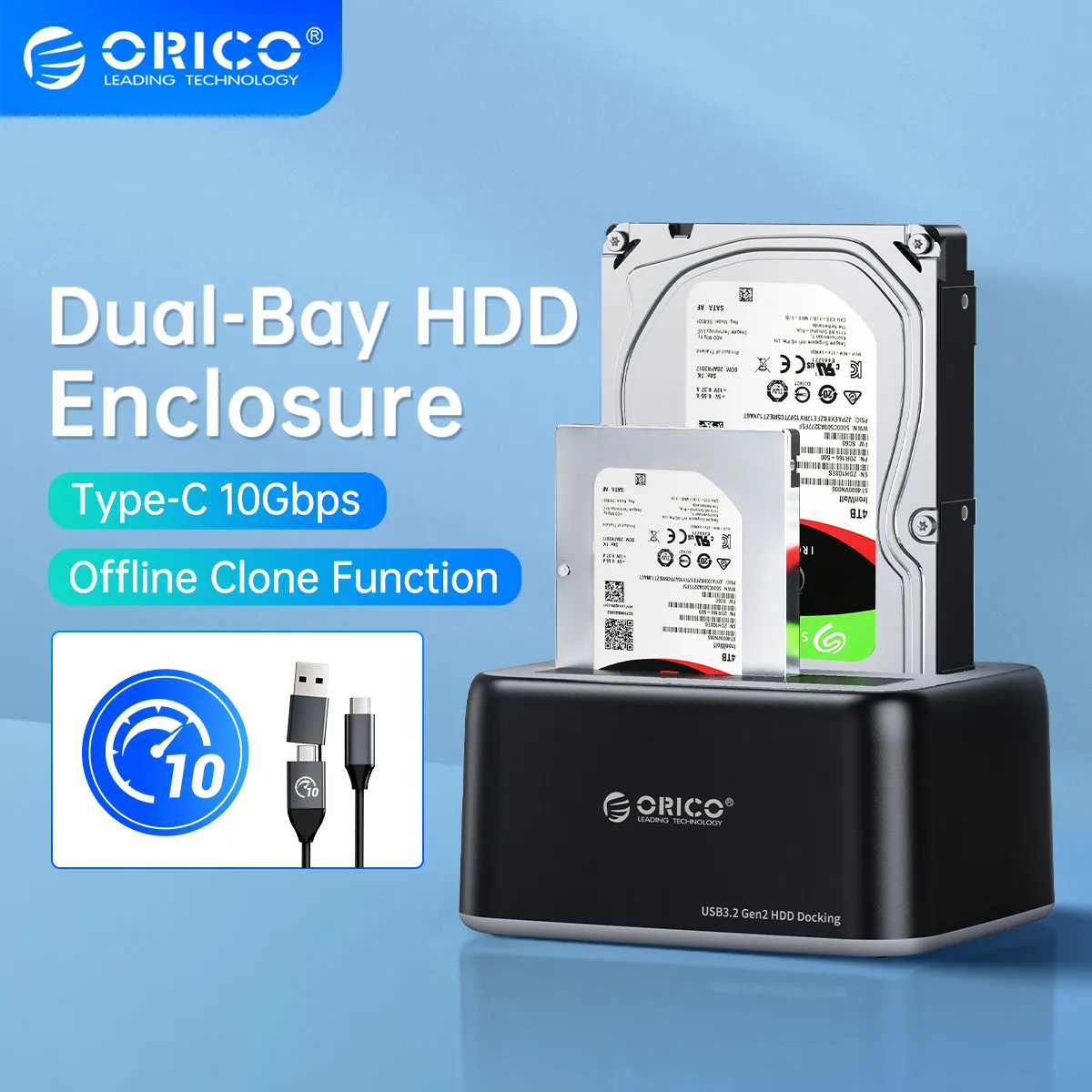 Фото Док-станция ORICO для жесткого диска 2,5/3,5 дюйма SATA для Type-C USB3.2 10 Гбит/с Gen2 HDD чехол с автономным клоном 12 В 3 А источник питания №1