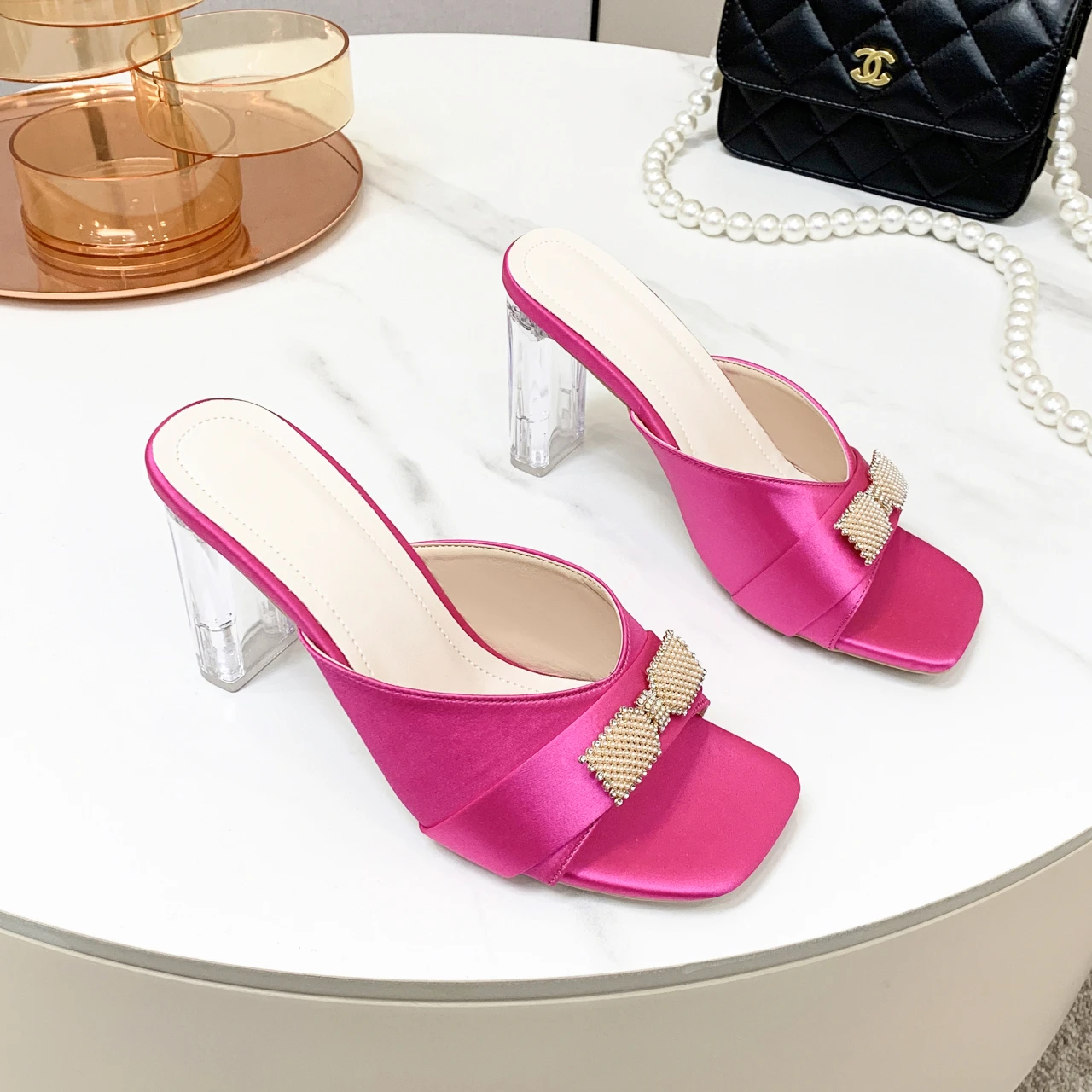 

Women Crystal High-heeled Shoes Summer Square Toe Mixed Colors Thin Heels Sandals Ladies Butterfly-Knot Slippers Big Size 35-42