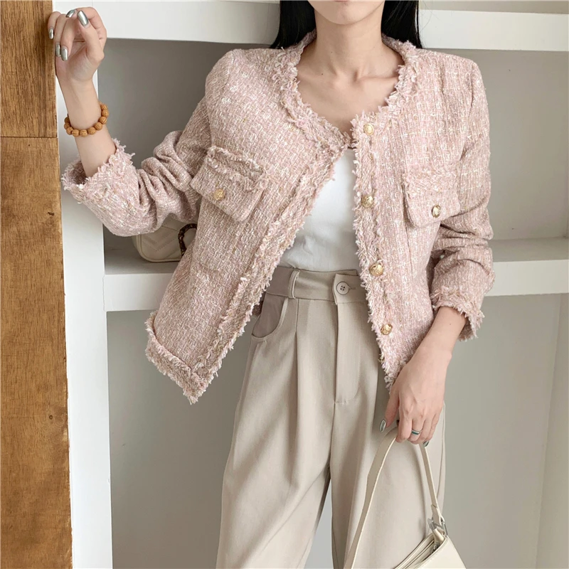 Женская твидовая куртка с бахромой однобортная короткая длинным рукавом и