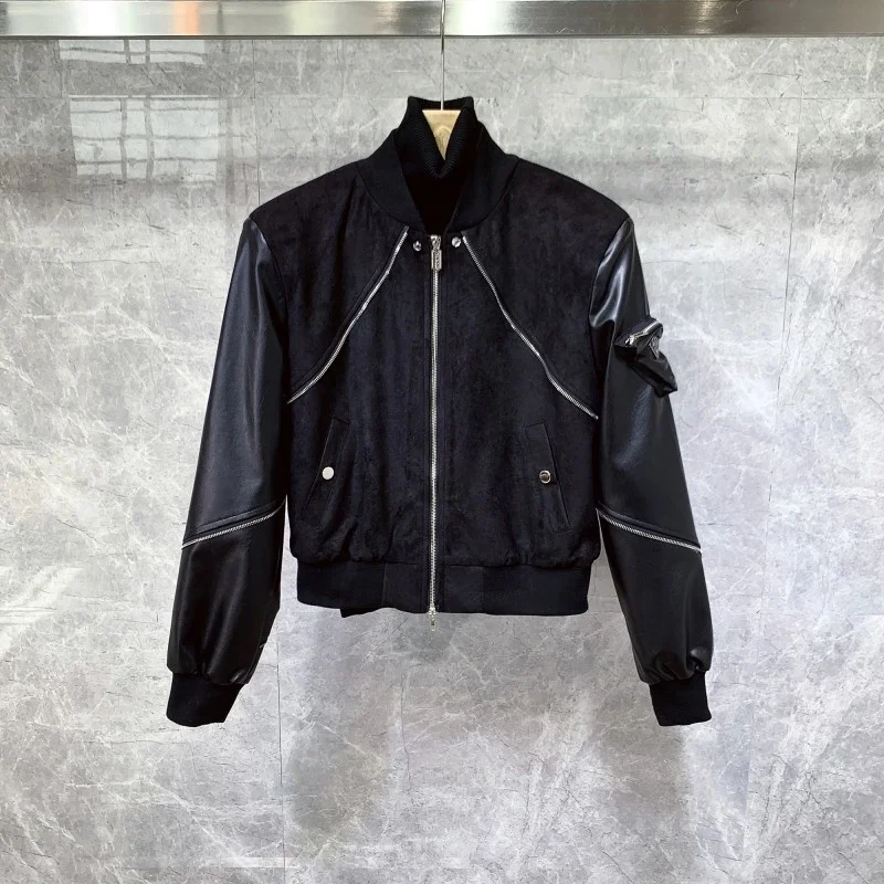 

Punk Pilot Men Stand Collar Patchwork Pu Leather Suede Motorcycle Short Coat Street Fashion Zipper Casual Cargo Jacket