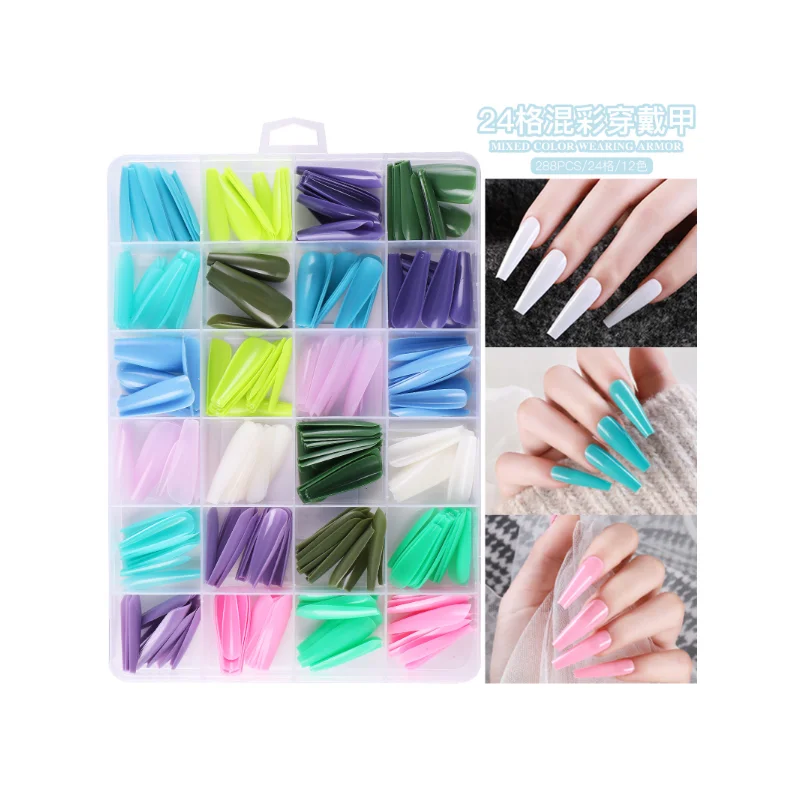 

Wearing A 24Grid Extended Solid Color Glossy Nail Enhancement Square Pointed Ballet Fake Nail Finished Nail Patch Uñas Pack of 3