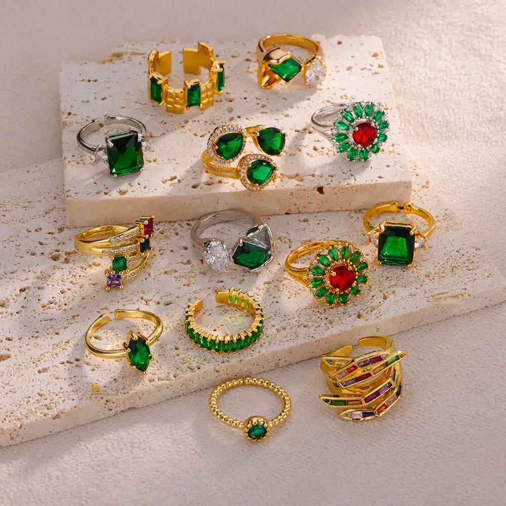 

Gold Plated Stainless Steel Rings For Women Vintage Green Color Adjustable Geometric Finger Ring Wedding Jewelry Free Shipping