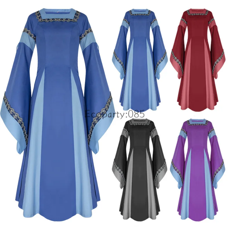 

2017 Medieval Oil cloth Long Maxi Medieva Dresses Gowns Boho Peasant Wench Victorian Dress Vintage Long Sleeve Renaissance Dress