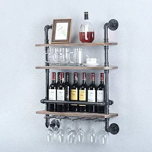 

Pipe Shelf Wine Mounted with 9 Stem Glass Holder,36in Real Wood Shelves Kitchen Shelf Unit,3-Tiers Rustic Floating Bar Shelve