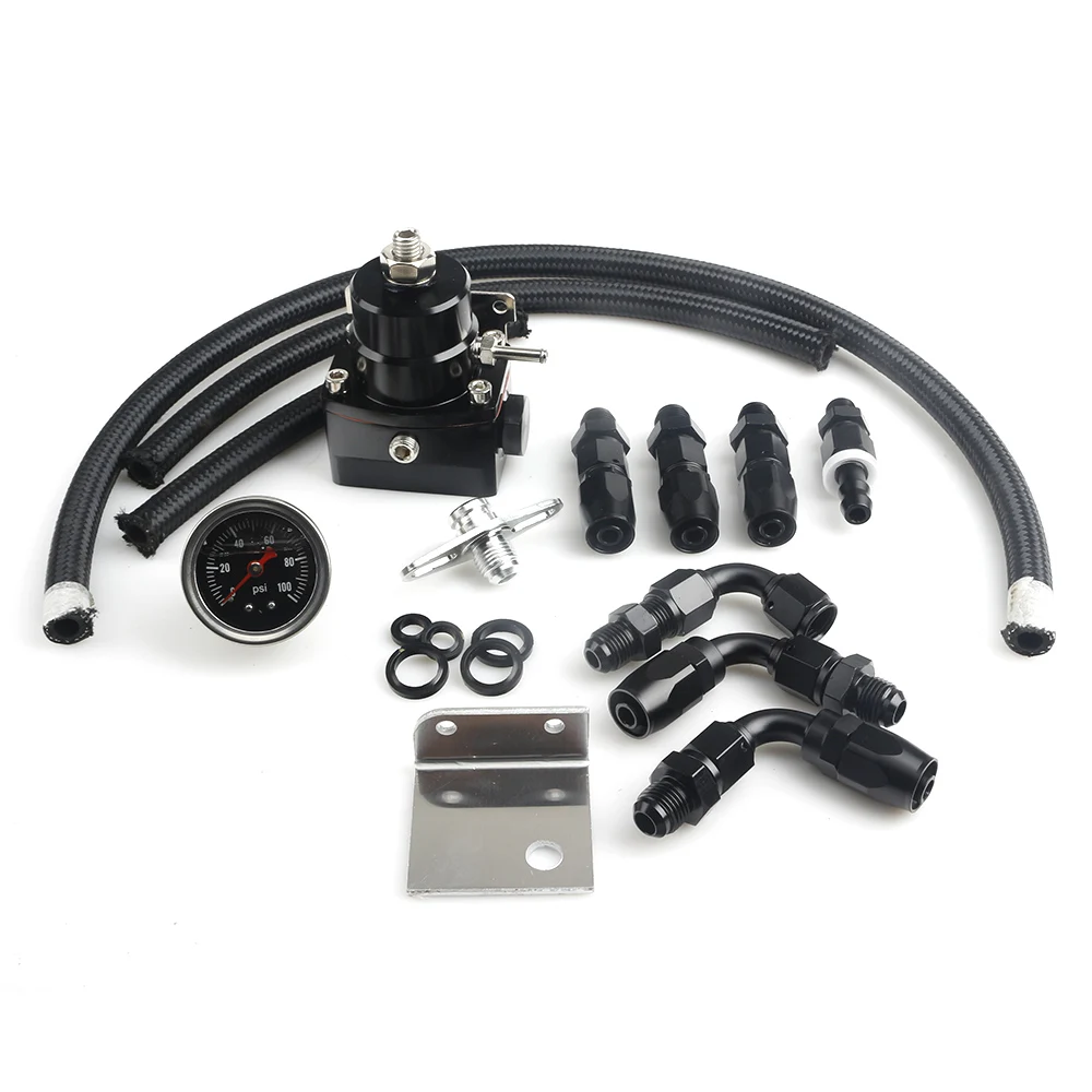 YOMI Universal Adjustable Fuel Pressure Regulator Oil 100psi Gauge AN 6 Fitting End-Black