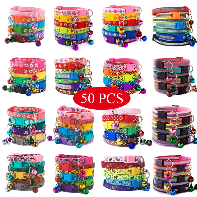 

50 Pcs Wholesale Mix Colors Pet Collars with Bell for Small Dogs Cats Chihuahua Flowers Paws Print Reflective Collar Accessories