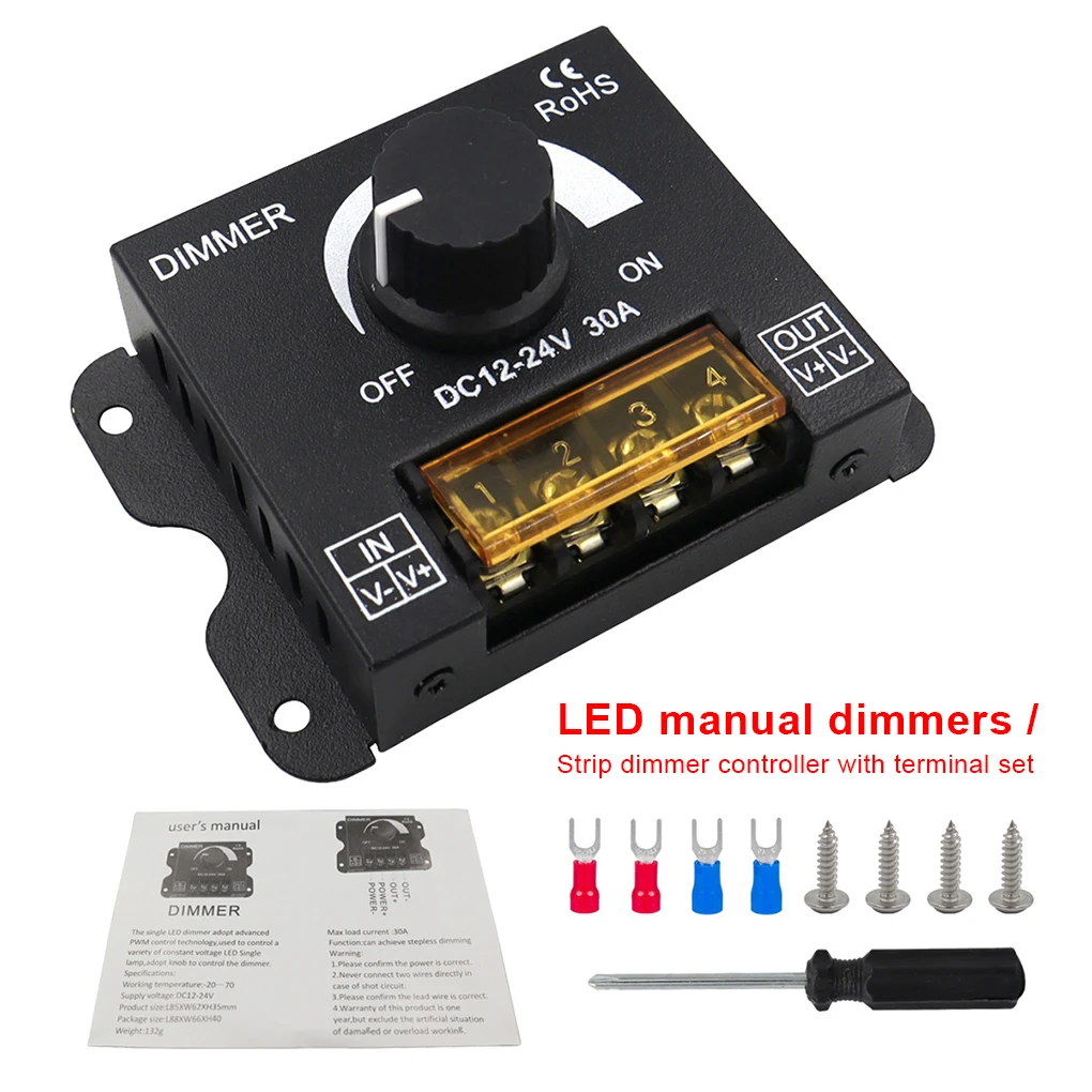 

DC 12-24V Light Strip Stepless Dimmer Indoor Outdoor Lamp Knob Switch 360-720W Dimming Controller Lighting Accessories