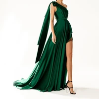 one shoulder padded sexy split fork satin maxi dress womens evening party dress gown with ribbon royal green draped long dress