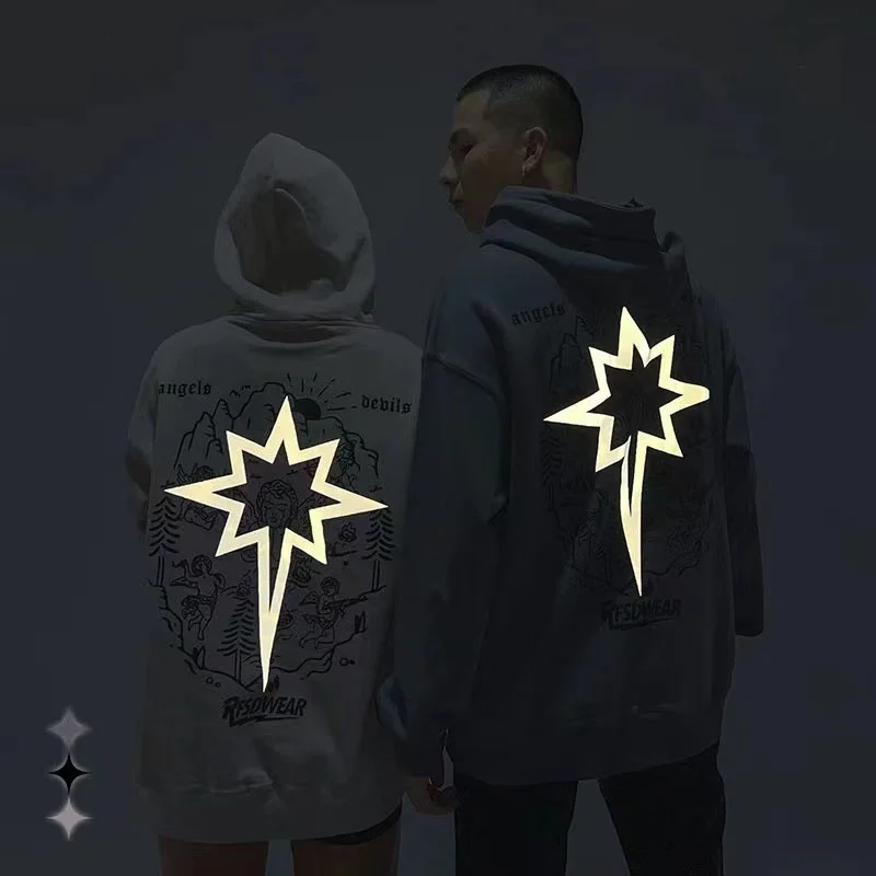 

And Autumn Winter Hoodies For Men Long Sleeve Casual Easy Cotton Reflective Letter Printing Y2K Streetwear Men's Clothes