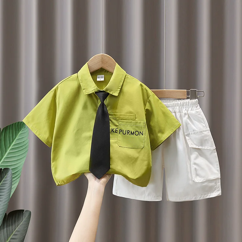 

Boys Clothes Sets Summer 2023 Children Cotton Tie Shirt Shorts 2pcs Wedding Party Suit For Baby 1 To 8 Years Costume Kids Outfit