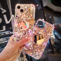 luxury rhinestone flower mirror case for iphone 11 12 13 pro max phone case with crystal bracelet case for iphone 13pro 13 mini