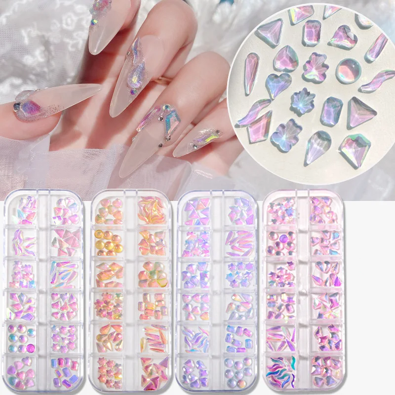 

12 Grid 3D Mix Nail Art Decorations Cute Heart Star Bear Resin Nail Jewelry DIY Aurora Irregular Rhinestone for Nails Glitter
