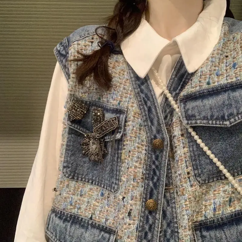 

Женский твидовый джинсовый жилет в стиле пэчворк, винтажный короткий Свободный Топ без рукавов, весенний корейский джинсовый жилет с V-обра...