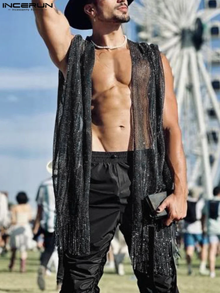 

INCERUN Men Tank Tops Mesh Tassel Transparent Sexy Sleeveless Open Stitch Vests Streetwear 2022 Shiny Mens Long Waistcoats S-5XL