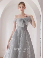 noble grey evening dresses off shoulder pleatff shiny embroidery tulle long formal wedding ceremony birthday prom gowns new 2022