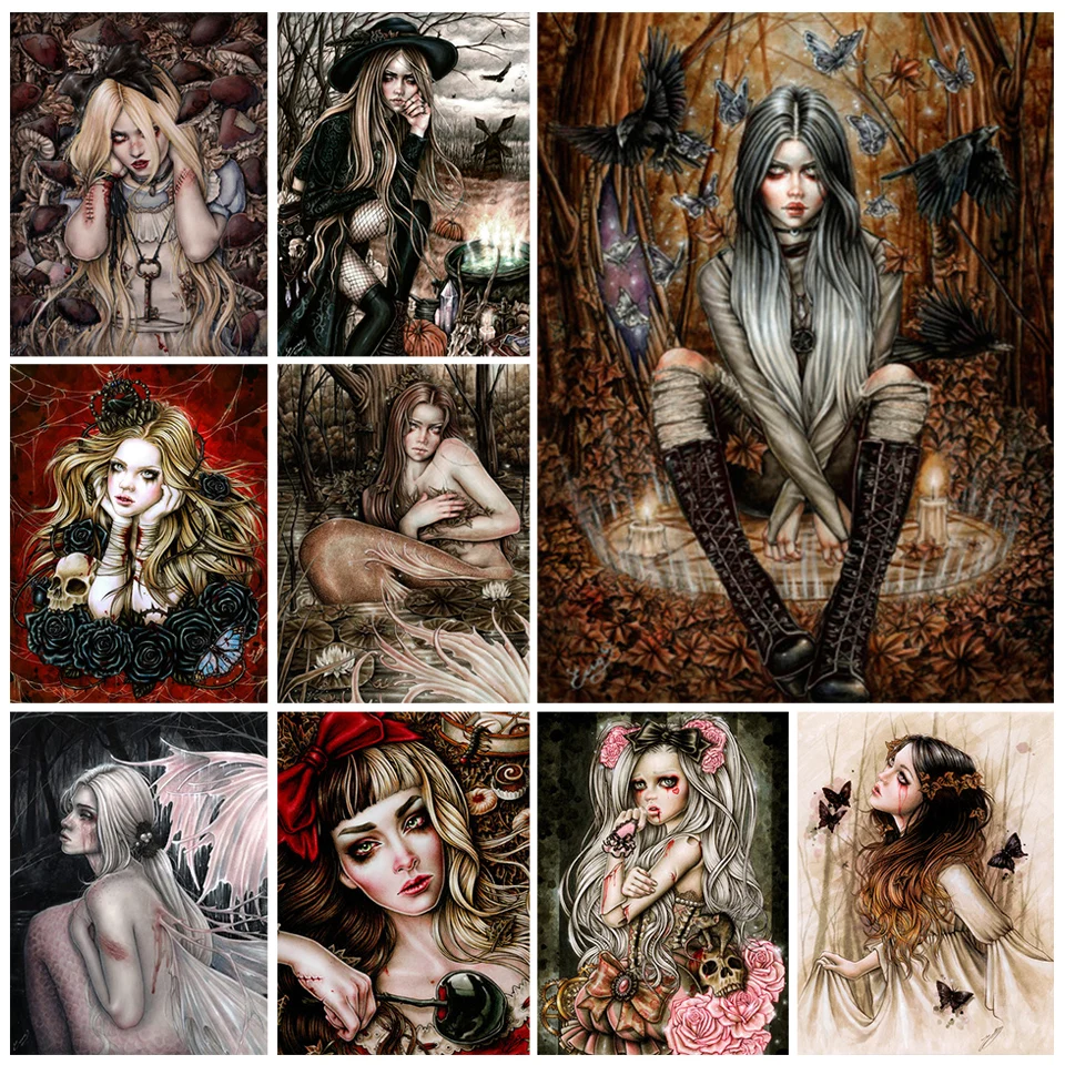 

Gothic Diamond Painting Art Dark Girl 5D Diamond Embroidery Full Drill Cross Stitch Kits Rhinestone Pictures Portrait Wall Decor