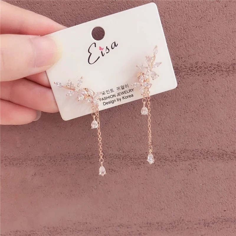 

Fashion Elegant Women Zircon Flower Drop Long Line Pendientes Earrings