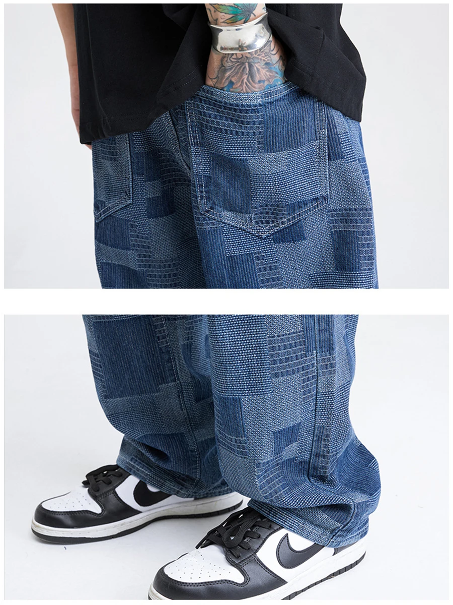 Four Seasons Men's High Street Retro Jeans Plaid Patch Ins Casual Loose Straight Wide Leg Pants Fashion Streetwear Ins Hot Sale