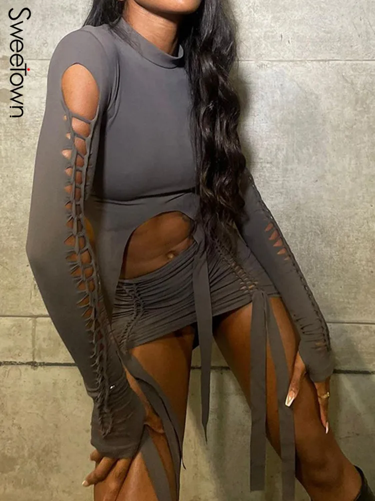 

Sweetown Hollow Out Bandage Sexy Two Pieces Set Women Rave Club Outfits Irregular Ribbons Full Sleeve Top Mini Skirt Sets Autumn