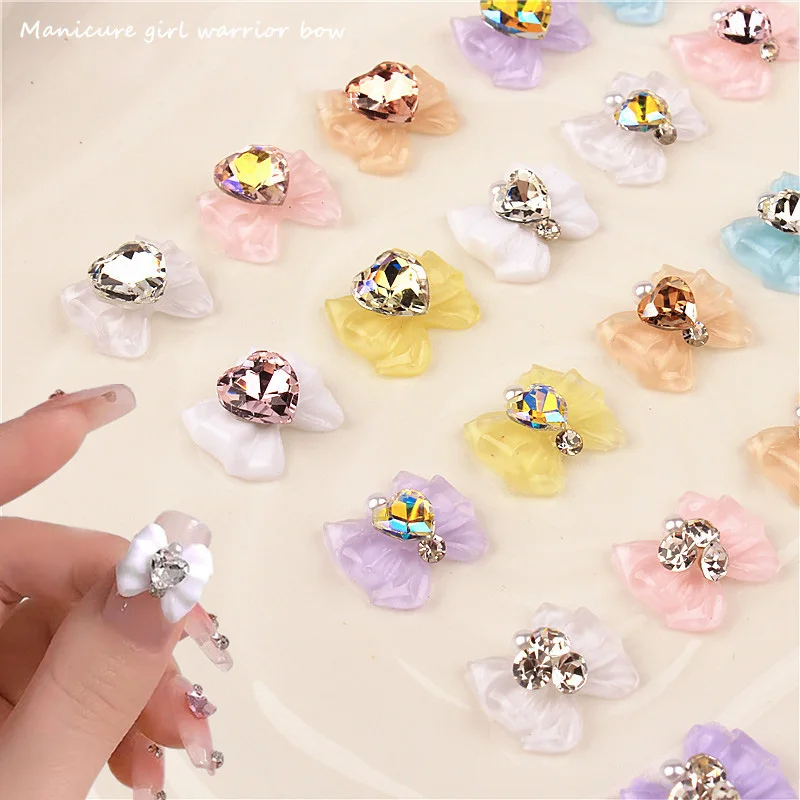

5PCS Resin Bow Knot Nail Crystals Charms Heart and Gemmule Rhinestones Nails Decors AB White Diamonds Parts Manucure Accessoires