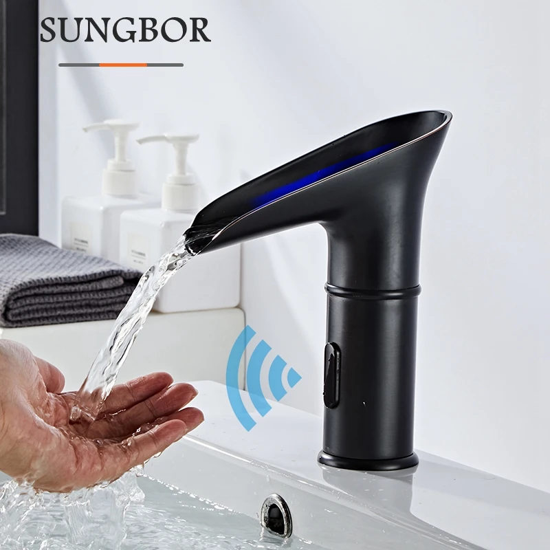 

Смеситель для раковины в ванную комнату, автоматический ручной Матовый Черный кран с сенсорным управлением, из твердой латуни, водопад