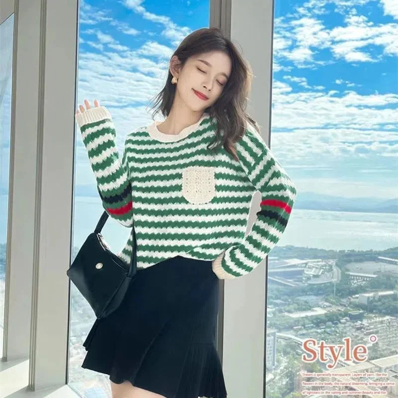Осенний модный дизайнерский нишевый свитер Sense женский в полоску уличная одежда