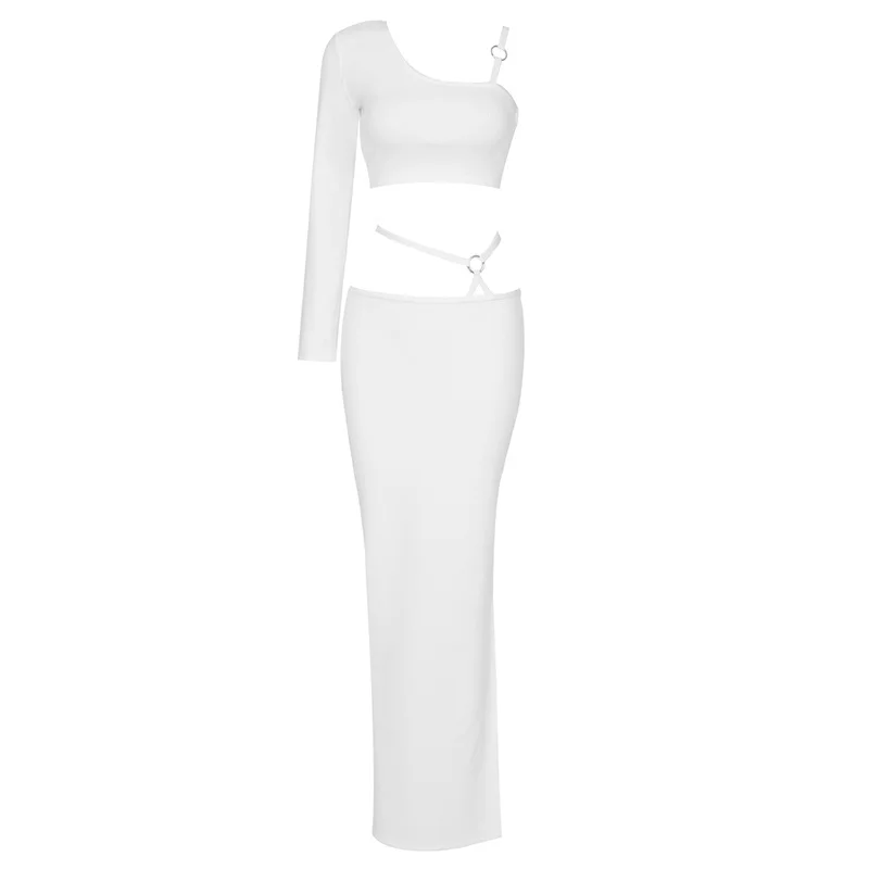 

Женский летний комплект из двух предметов, белый топ на одно плечо с длинным рукавом и юбка макси, 2023