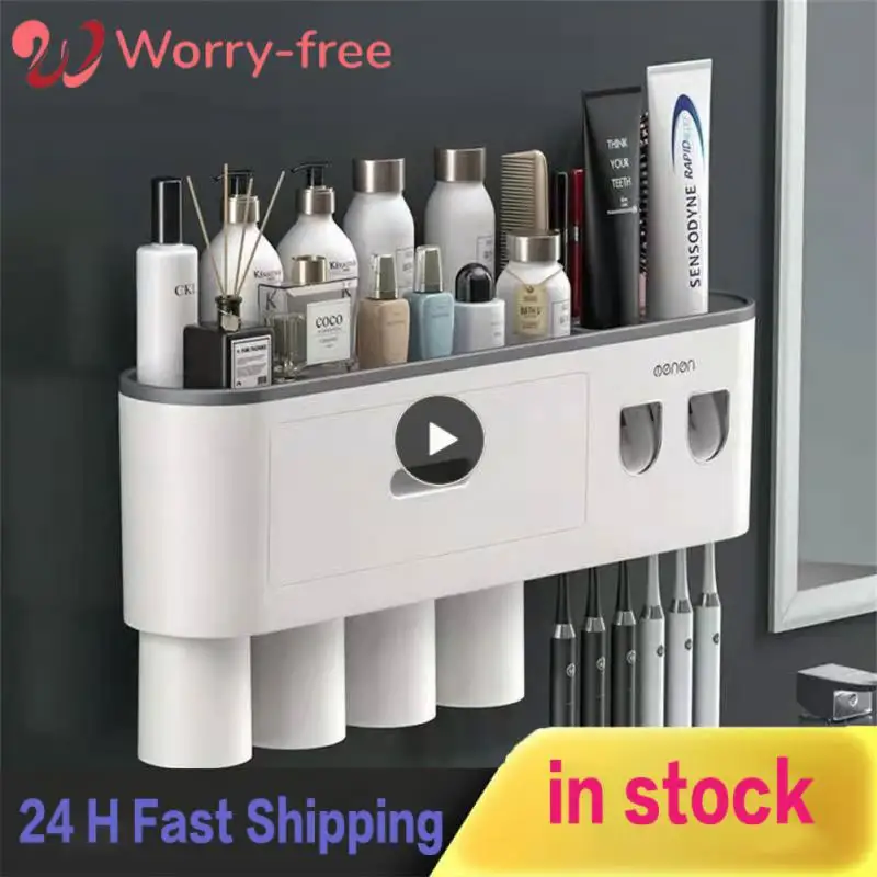 

Toilet Waterproof Storage Box Punch-free Double Squeeze Toothpaste Device Bathroom Shelf Shelves Household Wall-mounted Creative